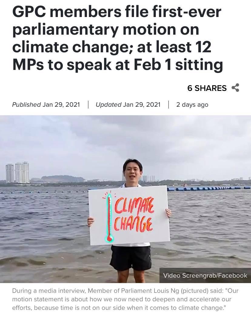 Screenshot of news article showing 'GPC members file first-ever parliamentary motion on climate change; at least 12 MPs to speak at Feb 1 sitting'